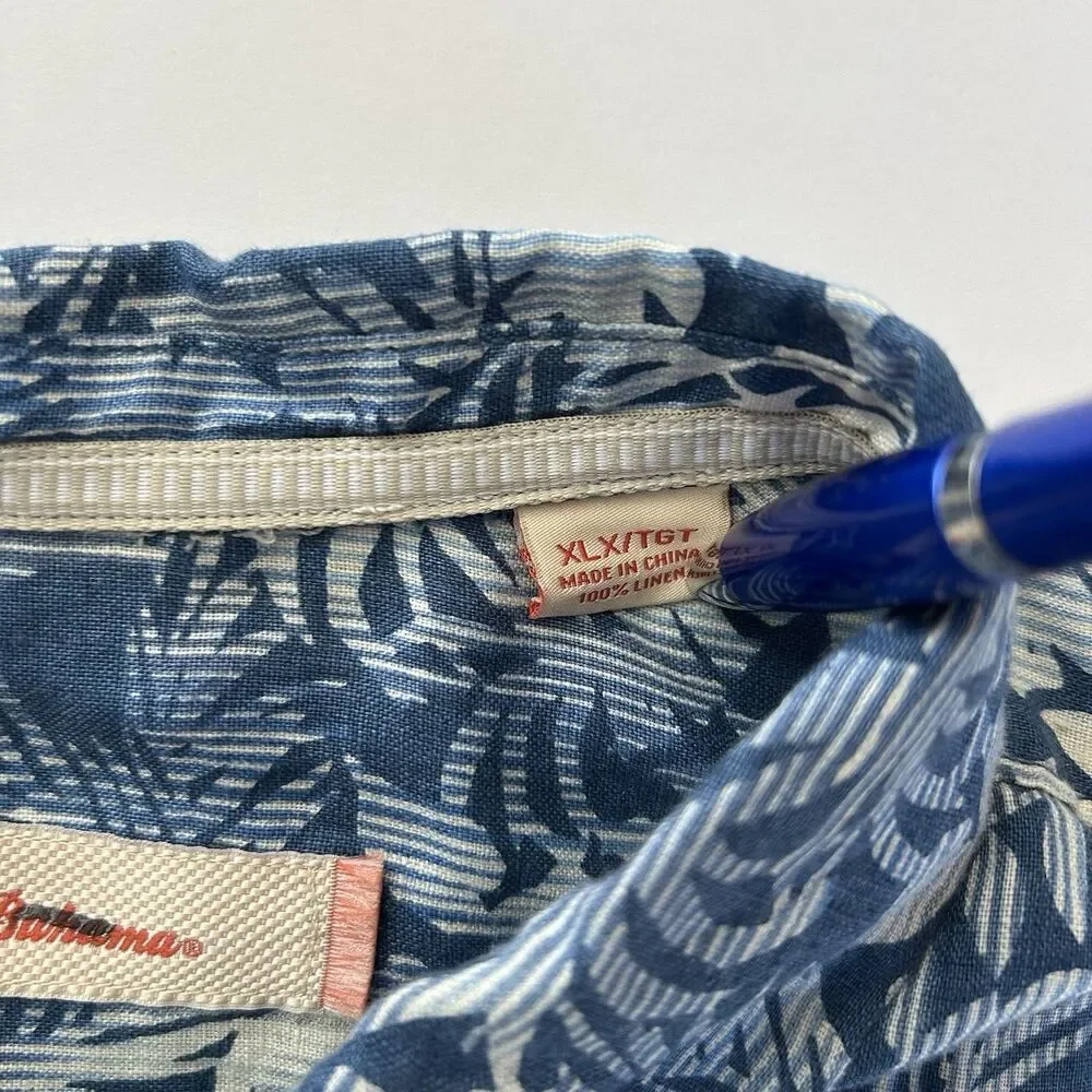 Tommy Bahama Mens 100% Linen Shirt Hawaiian Blue Short Sleeve Size XLX Button Up